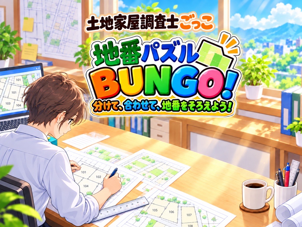 分筆・合筆を題材にした「地番パズル BUNGO！」の表紙。図面に向かう土地家屋調査士のイラスト。